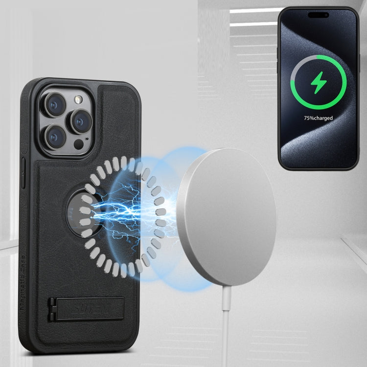 For iPhone 16 Pro Suteni G2 Magsafe Litchi Texture Leather Back Phone Case with Holder(Black)