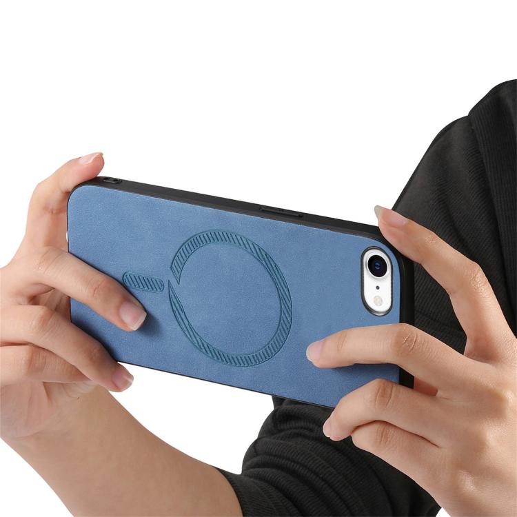 For iPhone 16e Solid Color Retro Magsafe PU Back Cover Phone Case(Blue)