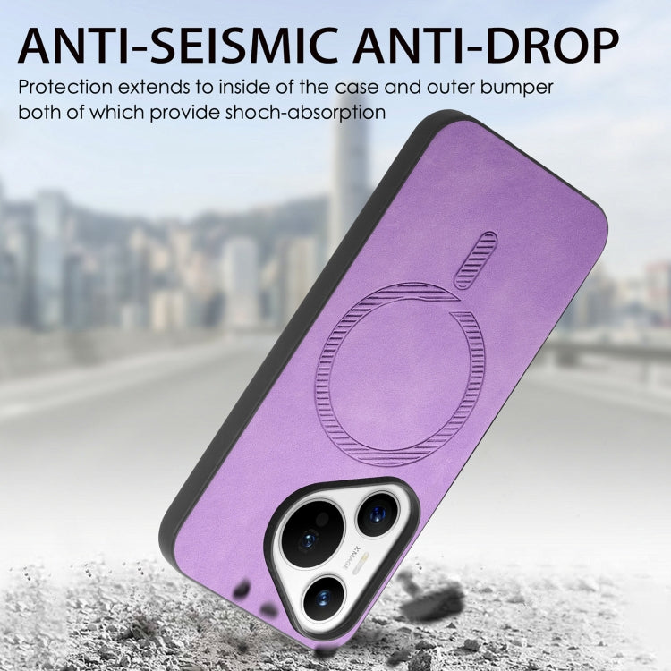 For Huawei Pura 70 Solid Color Retro Magsafe PU Back Cover Phone Case(Purple)