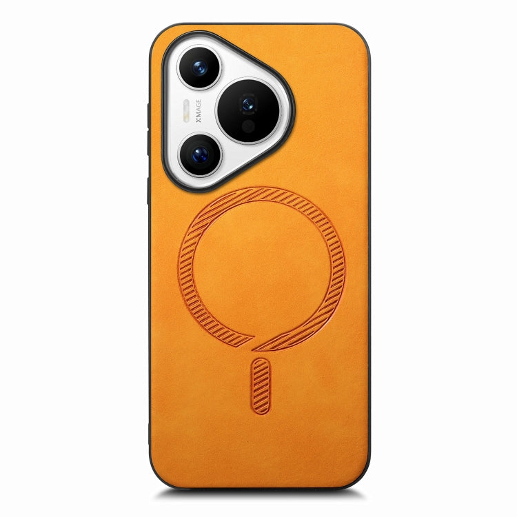 For Huawei Pura 70 Solid Color Retro Magsafe PU Back Cover Phone Case(Yellow)