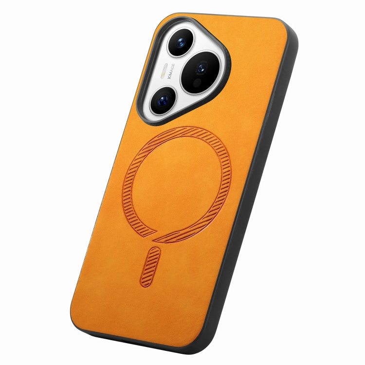 For Huawei Pura 70 Solid Color Retro Magsafe PU Back Cover Phone Case(Yellow)