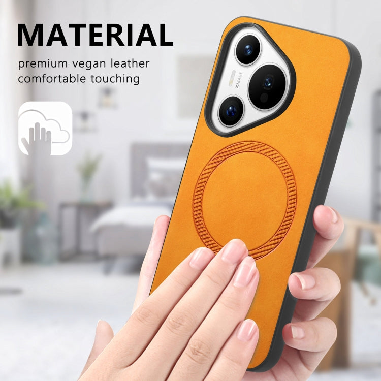 For Huawei Pura 70 Solid Color Retro Magsafe PU Back Cover Phone Case(Yellow)