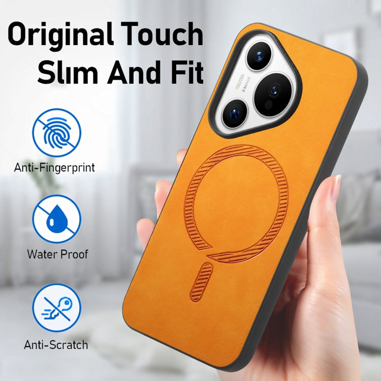 For Huawei Pura 70 Solid Color Retro Magsafe PU Back Cover Phone Case(Yellow)