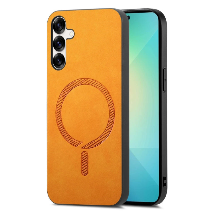 For Samsung Galaxy S25 5G Solid Color Retro Magsafe PU Back Cover Phone Case(Yellow)