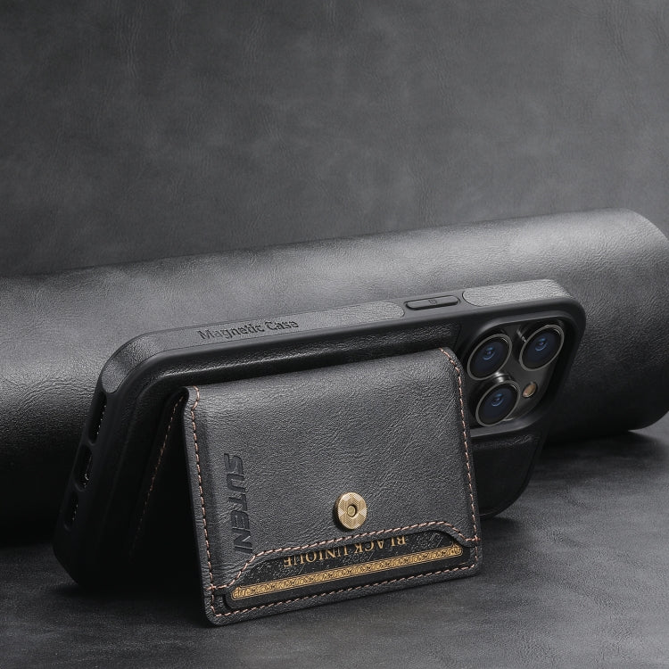 For iPhone 15 Suteni M1 Oil Wax MagSafe Detachable Horizontal Card Bag Phone Case(Black)