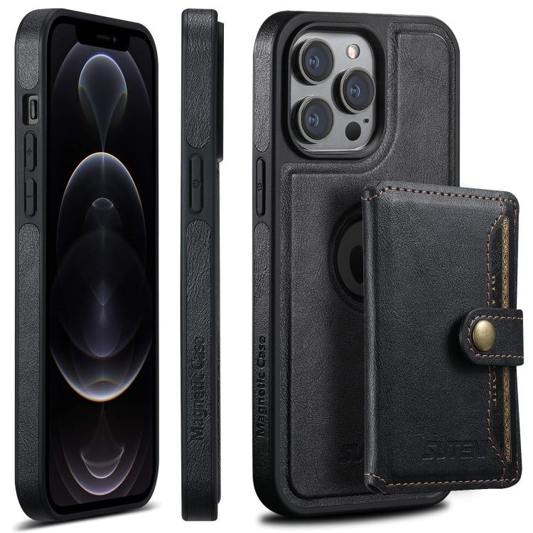 For iPhone 12 Pro Suteni M1 Oil Wax MagSafe Detachable Horizontal Card Bag Phone Case(Black)