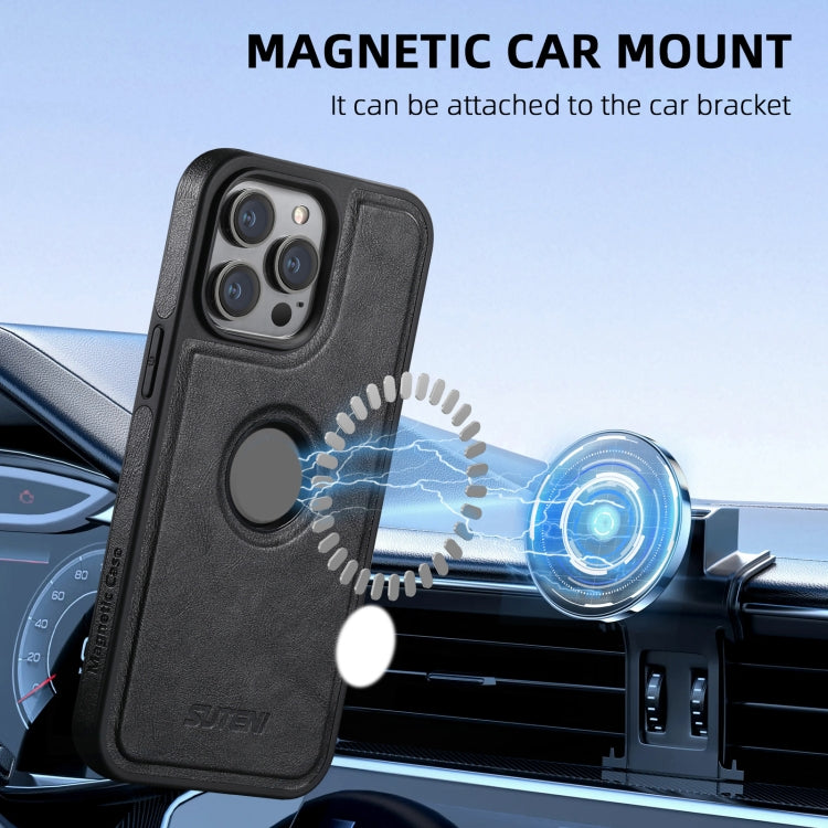 For iPhone 16 Pro Suteni M1 Oil Wax MagSafe Detachable Horizontal Card Bag Phone Case(Black)