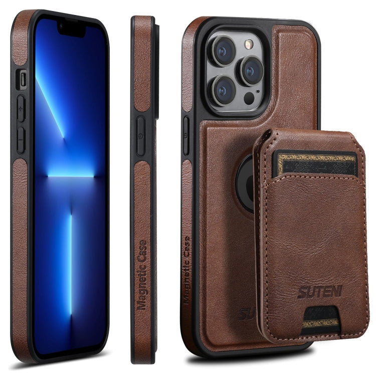 For iPhone 13 Pro Suteni M2 Oil Wax MagSafe Horizontal Card Bag Phone Case(Brown)