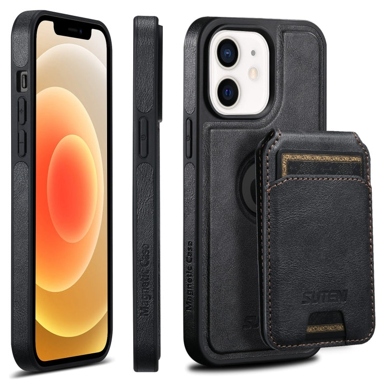 For iPhone 12 Suteni M2 Oil Wax MagSafe Horizontal Card Bag Phone Case(Black)