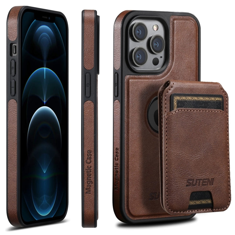 For iPhone 12 Pro Max Suteni M2 Oil Wax MagSafe Horizontal Card Bag Phone Case(Brown)