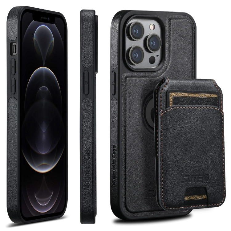 For iPhone 12 Pro Suteni M2 Oil Wax MagSafe Horizontal Card Bag Phone Case(Black)