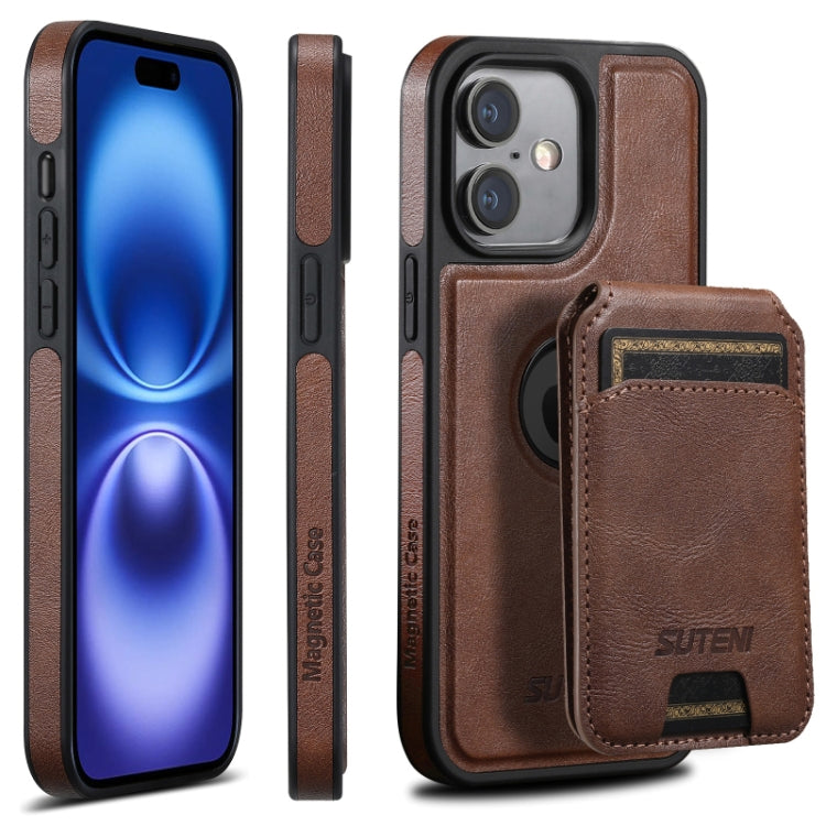 For iPhone 16 Plus Suteni M2 Oil Wax MagSafe Horizontal Card Bag Phone Case(Brown)