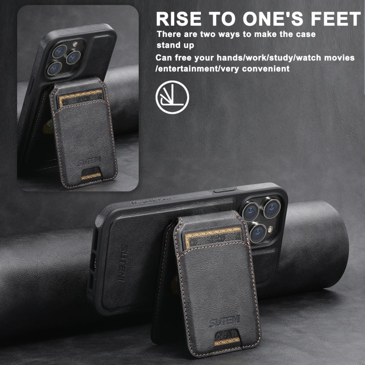 For iPhone 15 Plus Suteni M2 Oil Wax MagSafe Horizontal Card Bag Phone Case(Black)