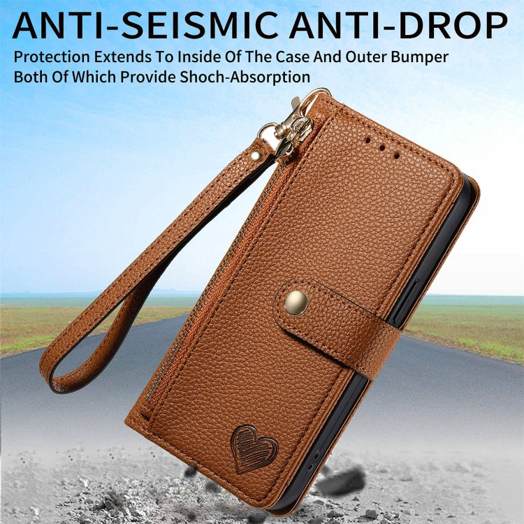 For Motorola Moto G Play 2024 Love Zipper Lanyard Leather Phone Case(Brown)