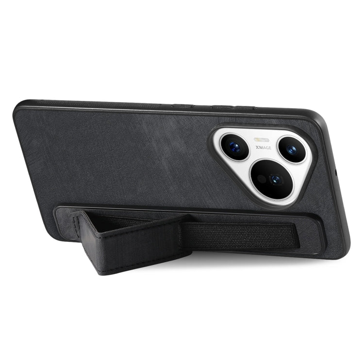 For Huawei Pura 70 Pro Retro Wristband Holder Leather Back Phone Case(Black)