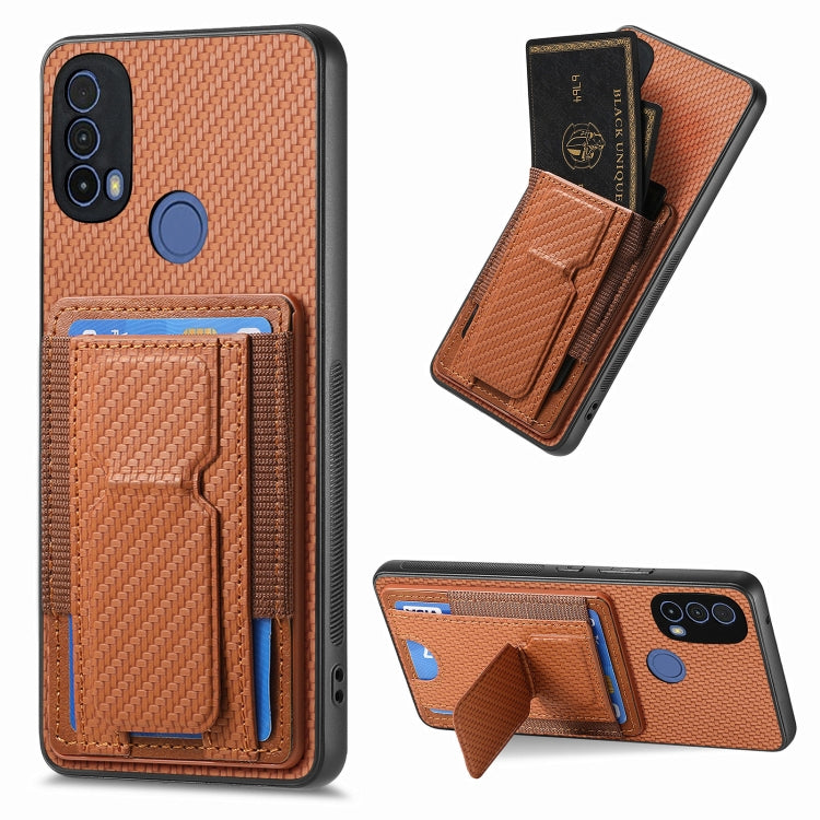 For Motorola Moto G Stylus 5G 2024 Carbon Fiber Fold Stand Elastic Card Bag Phone Case(Brown)