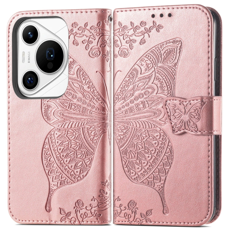 For Huawei Pura 70 Pro Butterfly Love Flower Embossed Leather Phone Case(Rose Gold)