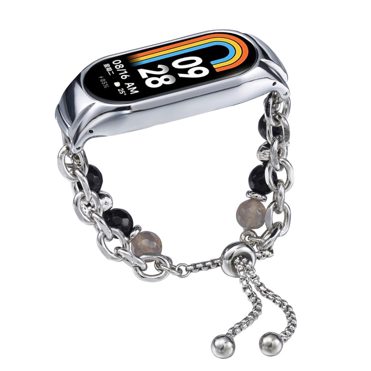 For Xiaomi Mi Band 8 Crystal Beaded Onyx Watch Band(Silver+Agate Bead)