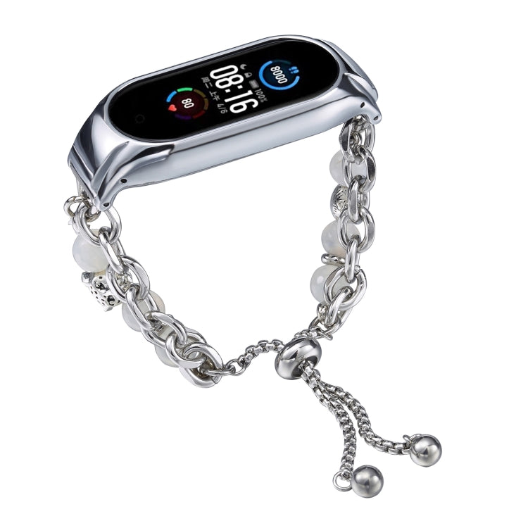 For Xiaomi Mi Band 5 / 6 Crystal Beaded Onyx Watch Band(Silver+Leopard Head)
