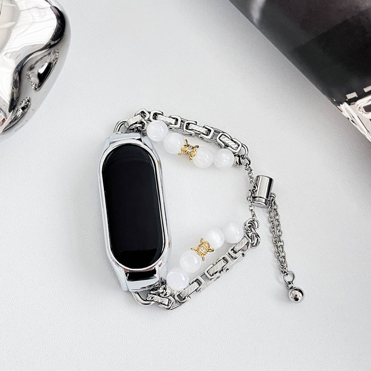 For Xiaomi Mi Band 5 / 6 Crystal Beaded Onyx Watch Band(Silver+Copper Collar)
