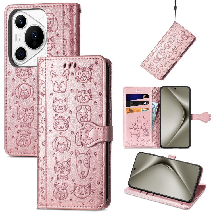 For Huawei Pura 70 Ultra Cat and Dog Embossed Leather Phone Case(Rose Gold)