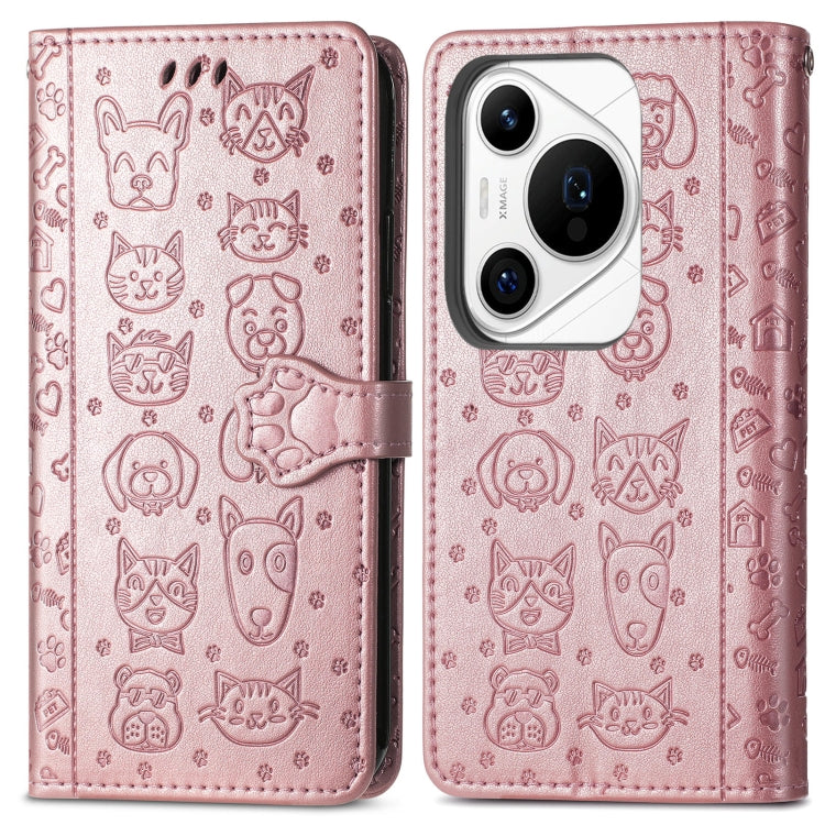 For Huawei Pura 70 Ultra Cat and Dog Embossed Leather Phone Case(Rose Gold)