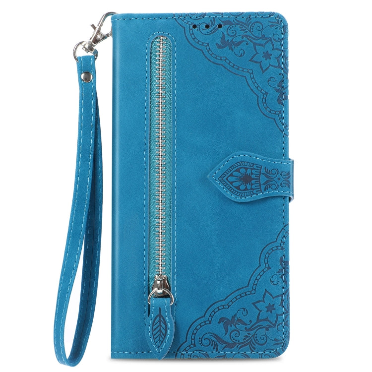 For Motorola Moto G Play 2024 Embossed Flower Zipper Leather Phone Case(Blue)
