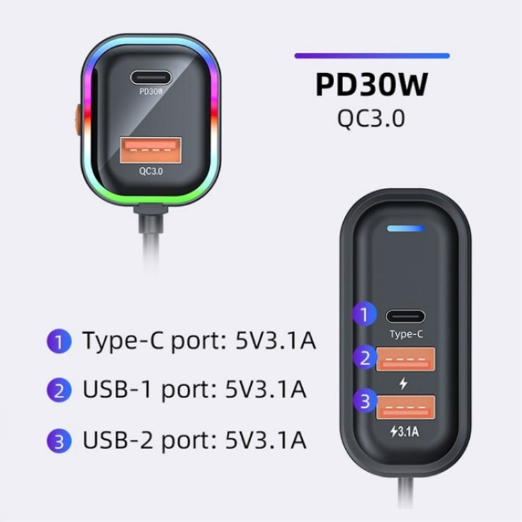 K5 3 USB Fast Charging Car Charger 66W Extension Cord Design 5 Ports Charging Adapter
