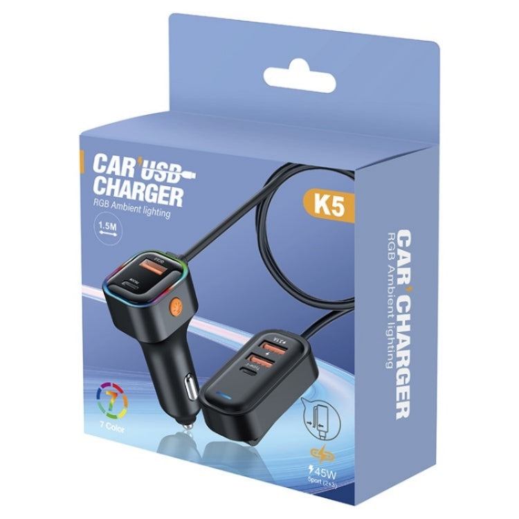 K5 3 USB Fast Charging Car Charger 66W Extension Cord Design 5 Ports Charging Adapter - Car Charger by PMC TechLife | Online Shopping South Africa | PMC TechLife | Buy Now Pay Later Mobicred