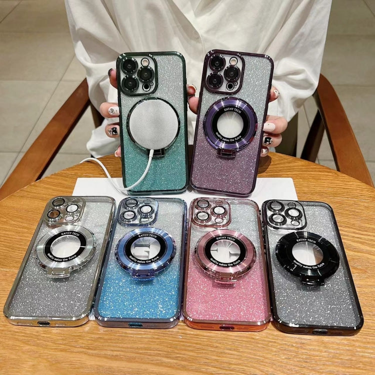 For iPhone 16 Pro Max Electroplated Holder Gradient Glitter MagSafe Phone Case(Black)