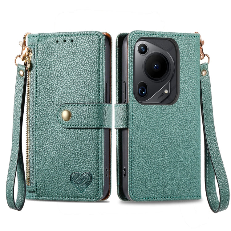 For Huawei Pura 70 Ultra Love Zipper Lanyard Leather Phone Case(Green)