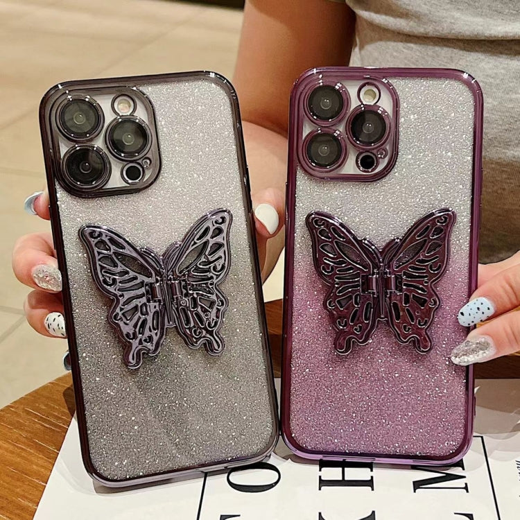 For iPhone 16 Pro Electroplated Gradient Glitter 3D Butterfly TPU Phone Case(Gradient Black)