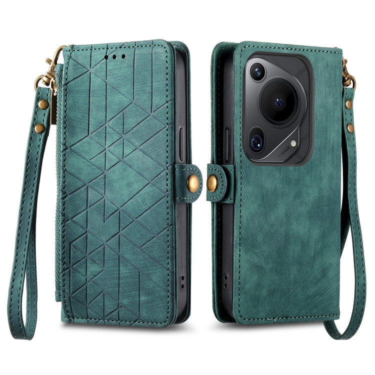 For Huawei Pura 70 Ultra Geometric Zipper Wallet Side Buckle Leather Phone Case(Green)