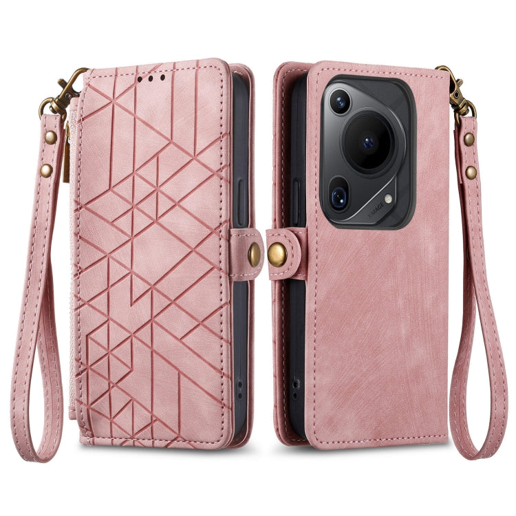 For Huawei Pura 70 Ultra Geometric Zipper Wallet Side Buckle Leather Phone Case(Pink)