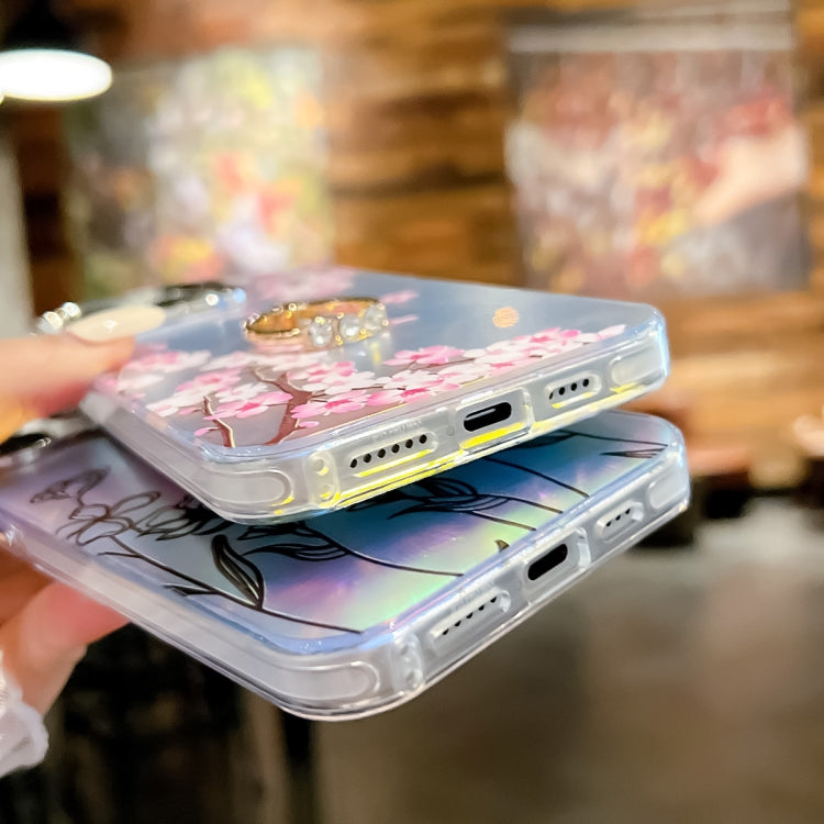 For iPhone 16 Electroplating Laser Flower Ring Holder TPU Phone Case(Leaves AH12) - iPhone 16 Cases by PMC TechLife | Online Shopping South Africa | PMC TechLife | Buy Now Pay Later Mobicred