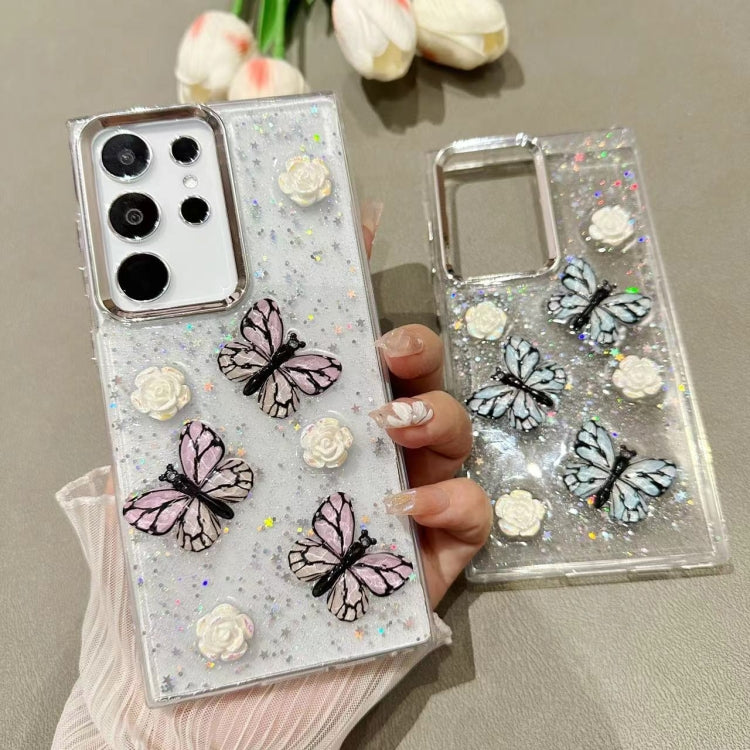 For Samsung Galaxy S25 Ultra 5G Three-dimensional Butterfly Glitter TPU Phone Case(Blue)