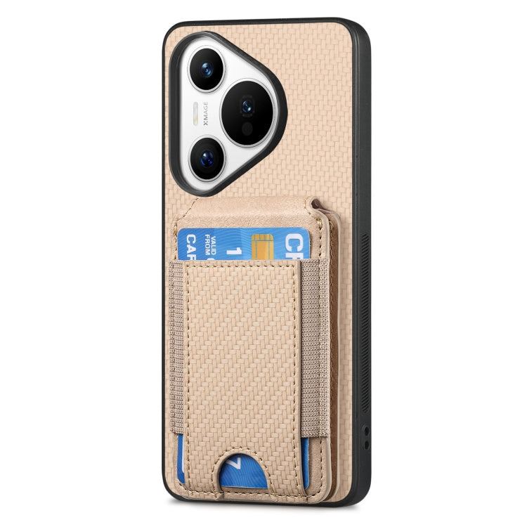 For Huawei Pura 70 Pro+ Carbon Fiber Vertical Flip Wallet Stand Phone Case(Khaki)