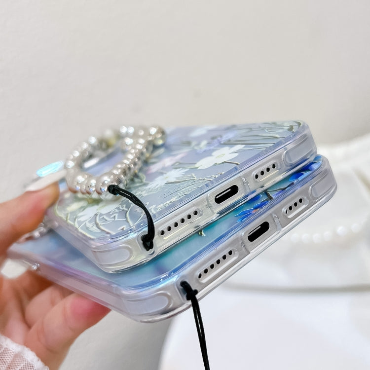 For iPhone 16 Pro Electroplating Laser Flower Phone Case with Wrist Strap(White Flower AH10) - iPhone 16 Pro Cases by PMC TechLife | Online Shopping South Africa | PMC TechLife | Buy Now Pay Later Mobicred