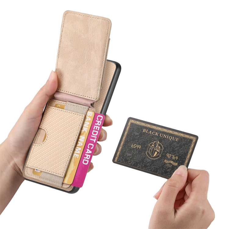 For Samsung Galaxy S25 5G Carbon Fiber Vertical Flip Wallet Stand Phone Case(Khaki)