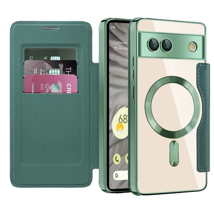 For Google Pixel 8a Shield Magsafe RFID Anti-theft Rhombus Leather Phone Case(Pine Green)