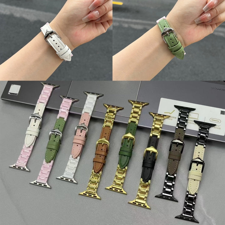 For Apple Watch Series 4 44mm Ceramic Color Buckle Contrast Leather Watch Band(Mint Green+Pink+Silver Buckle)