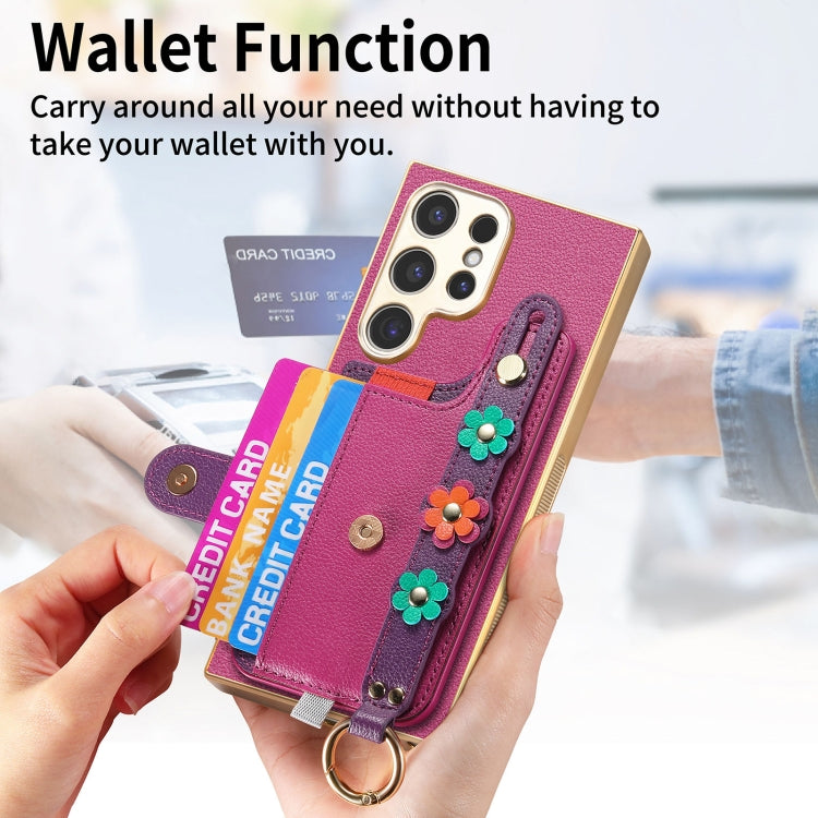 For Samsung Galaxy S24 Ultra 5G Stereoscopic Flowers Wristband Card Bag Phone Case(Purple)