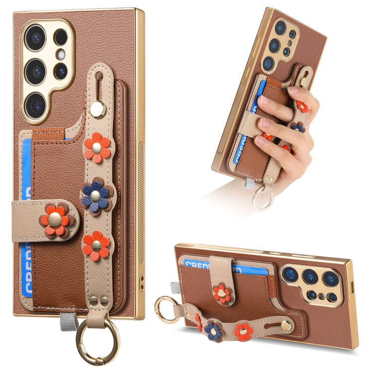 For Samsung Galaxy S24 Ultra 5G Stereoscopic Flowers Wristband Card Bag Phone Case(Brown)