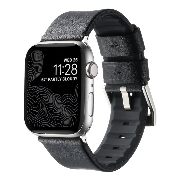For Apple Watch Series 7 45mm Genuine Leather Hybrid Silicone Watch Band(Black Sliver Buckle)