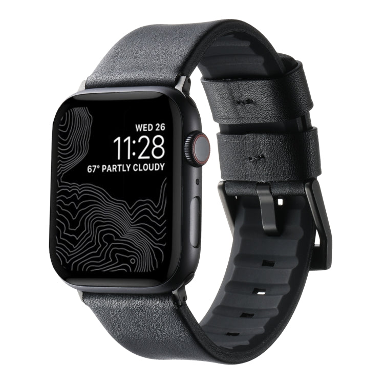 For Apple Watch SE 44mm Genuine Leather Hybrid Silicone Watch Band(Black Black Buckle)