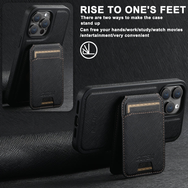 For iPhone 15 Pro Suteni M2 Cross-Grain MagSafe Vertical Card Back Phone Case(Black)