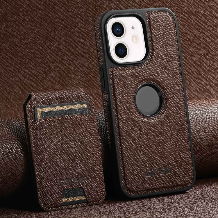 For iPhone 12 Suteni M2 Cross-Grain MagSafe Vertical Card Back Phone Case(Brown)