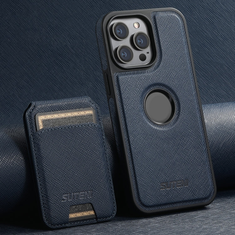 For iPhone 16 Pro Suteni M2 Cross-Grain MagSafe Vertical Card Back Phone Case(Blue)