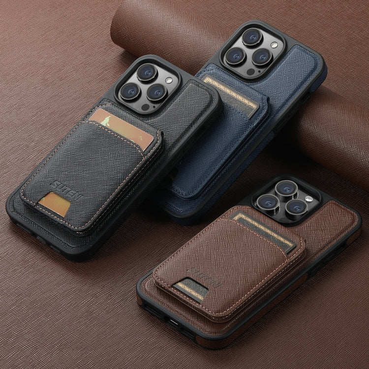 For iPhone 12 Suteni M2 Cross-Grain MagSafe Vertical Card Back Phone Case(Blue)
