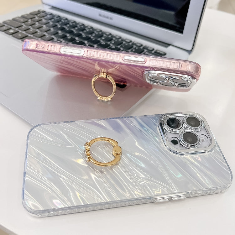 For iPhone 16 Pro Max Plating Glitter Texture Ring Holder TPU Phone Case with Lens Film(White Water Ripples)